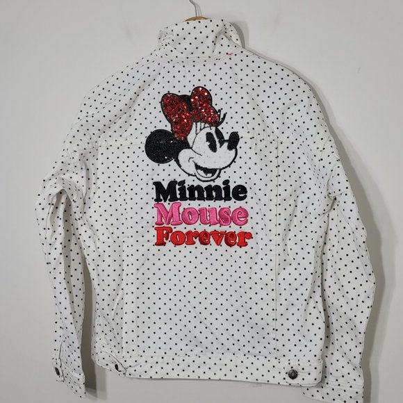 Disney Minnie Mouse Forever White Polka Dot Jean Jacket Sequin Back 100% Cotton - Picture 7 of 16